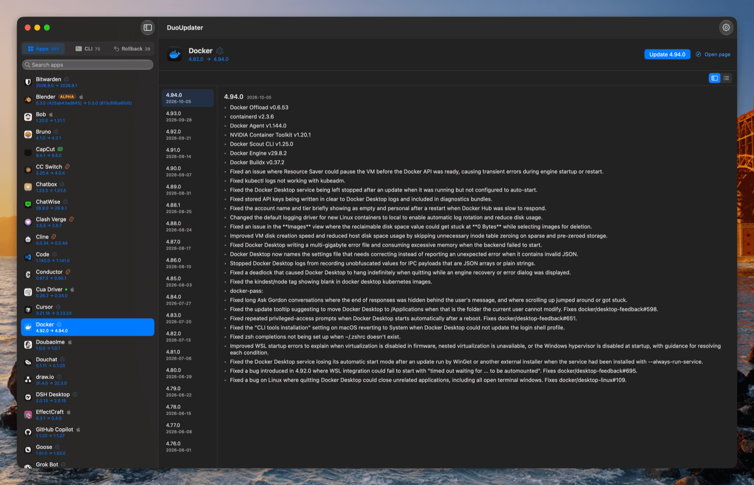 The workbench window: a sidebar listing every scanned app, and the release notes for the selected one rendered as native text — version heading, date, and one bullet per change.