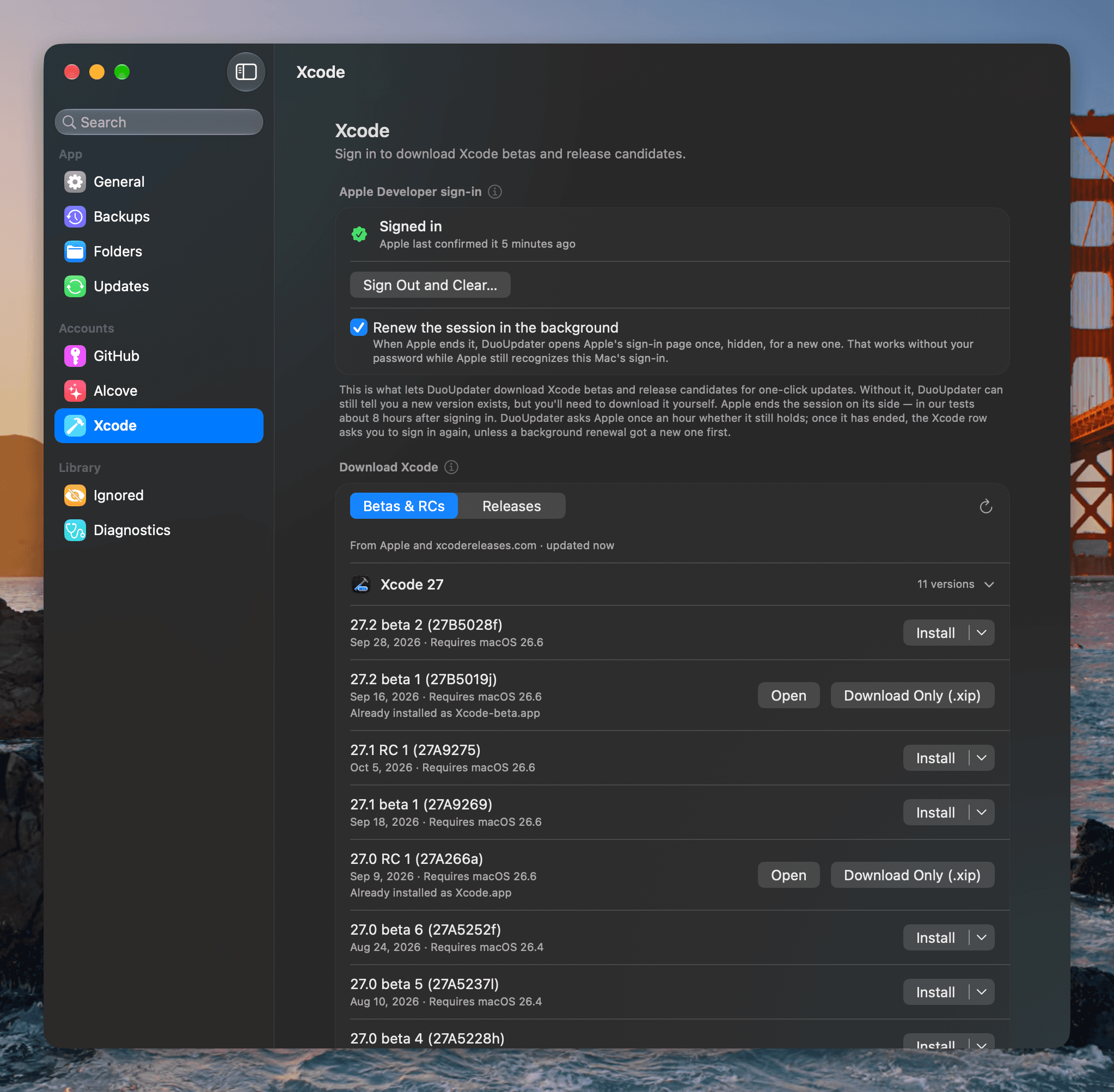 The Xcode settings page: signed in to Apple Developer, with an option to renew the session in the background. Below, a Download Xcode list with Betas & RCs and Releases tabs, from Apple and xcodereleases.com, showing Xcode 27 builds from 27.2 beta 2 down to 27.0 beta 4, each with its date and the macOS it requires. Most have an Install button; the two already installed, as Xcode-beta.app and Xcode.app, offer Open and Download Only (.xip).