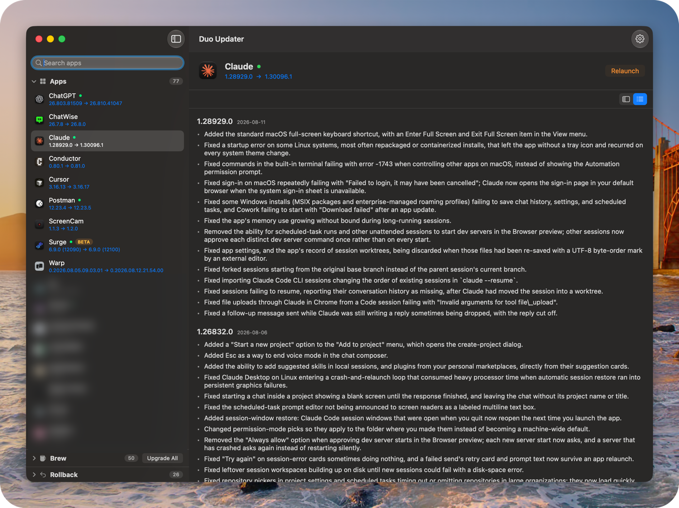 The workbench window: a sidebar listing every scanned app, and the release notes for the selected one rendered as native text — version heading, date, and one bullet per change.
