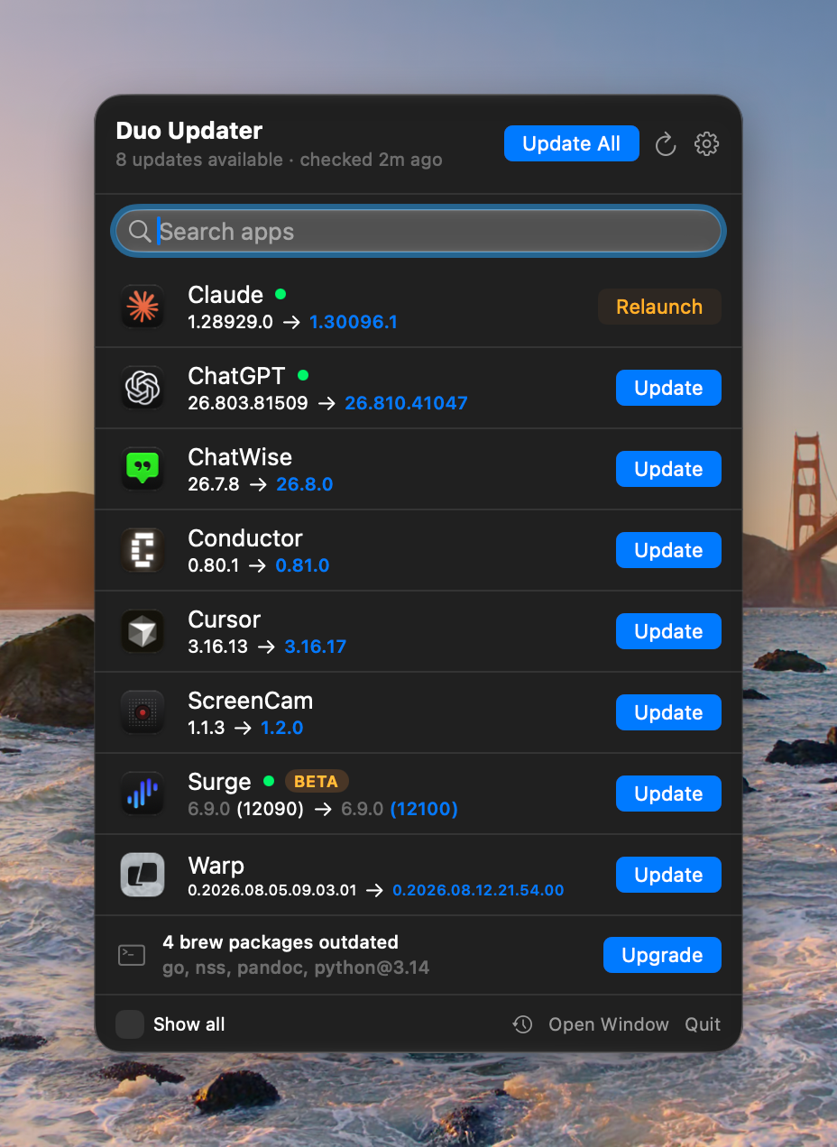 The Duo Updater menu bar popover, listing apps with an update available: each row shows the installed version, the new version, and either an Update or a Relaunch button.