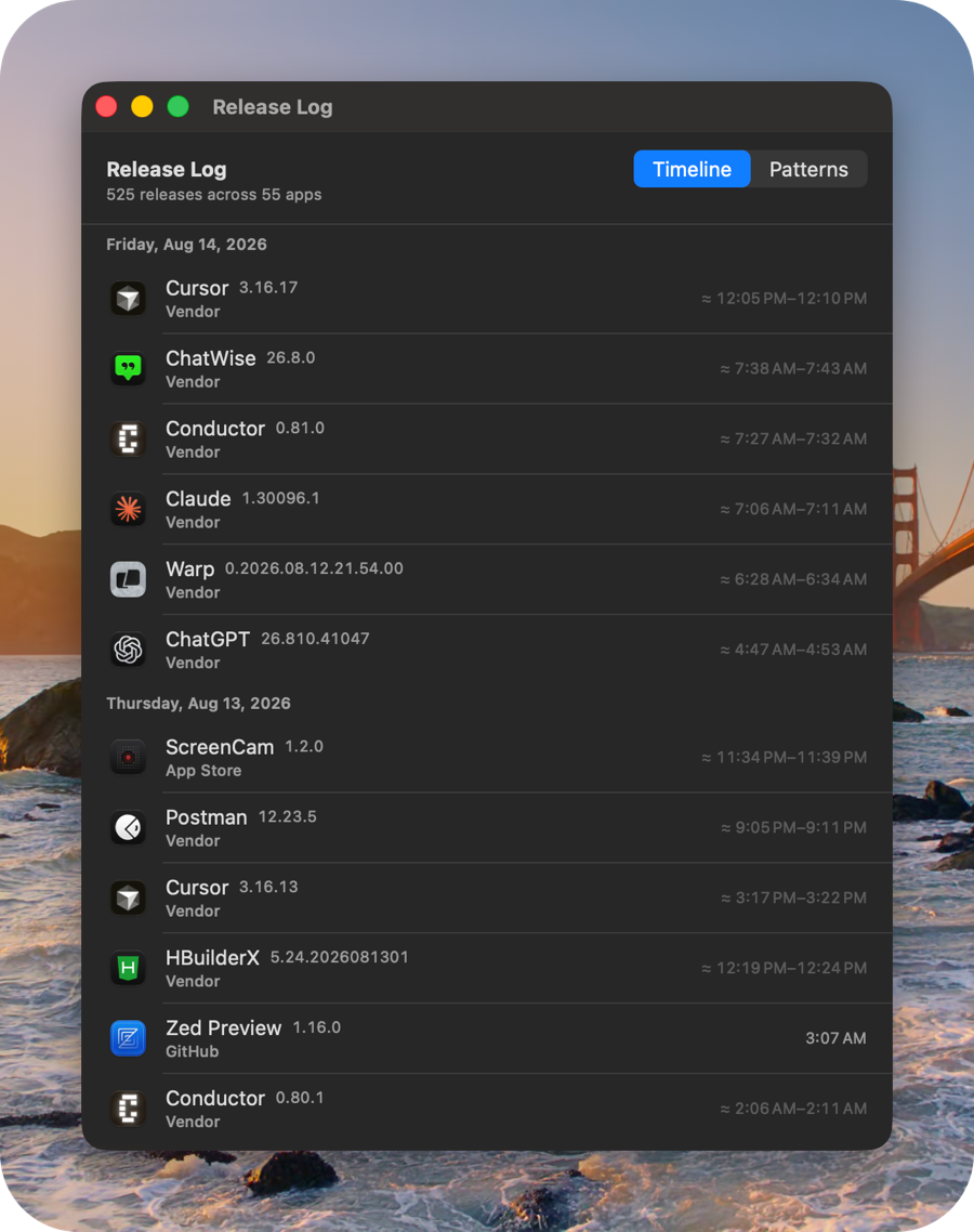 The Release Log timeline: releases grouped by day, each showing the app, version, source, and either an exact publish time or an approximate window.