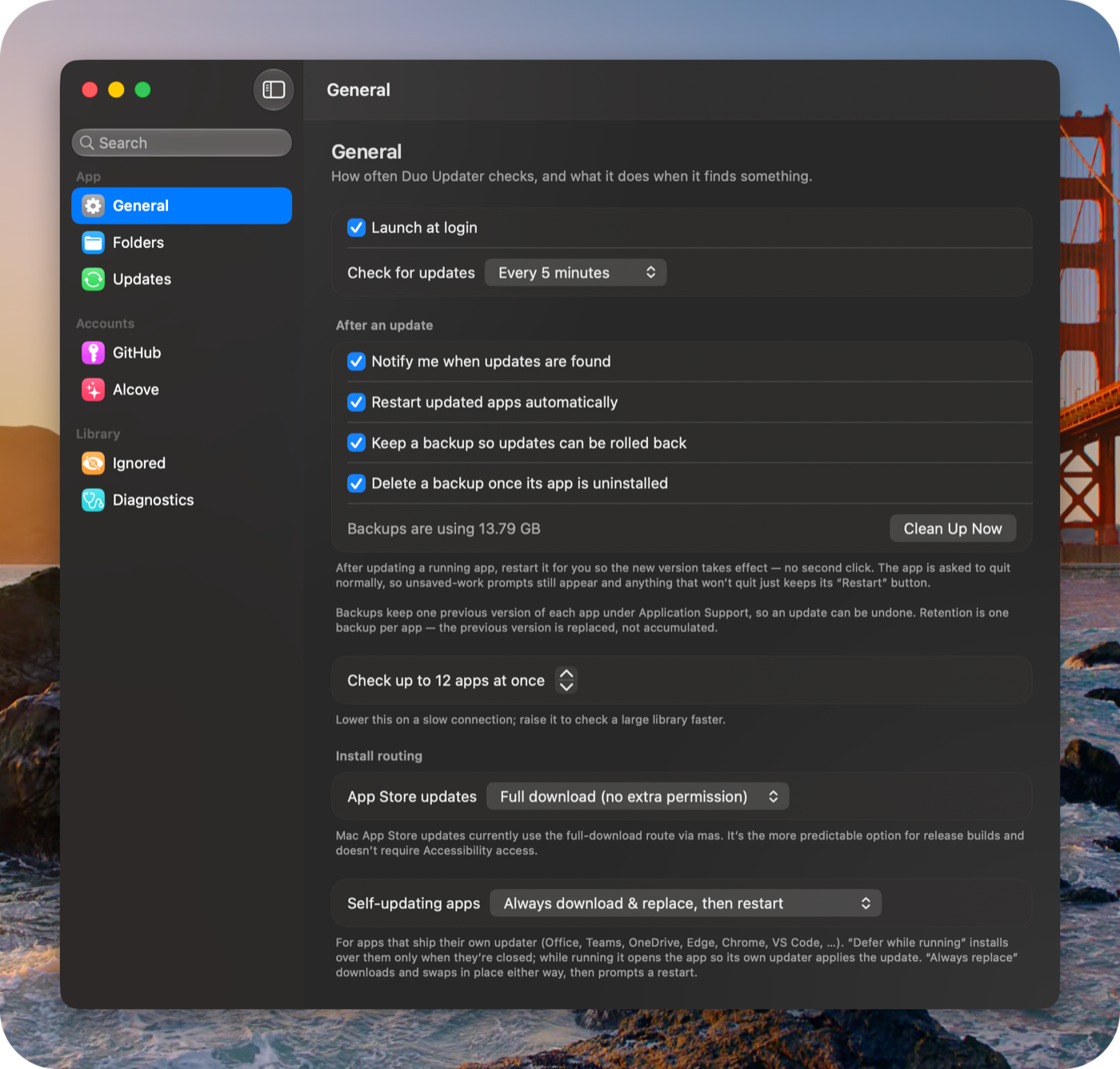 Duo Updater's General settings: check interval, post-update behaviour including automatic restart and rollback backups, concurrency, and install routing for App Store and self-updating apps.